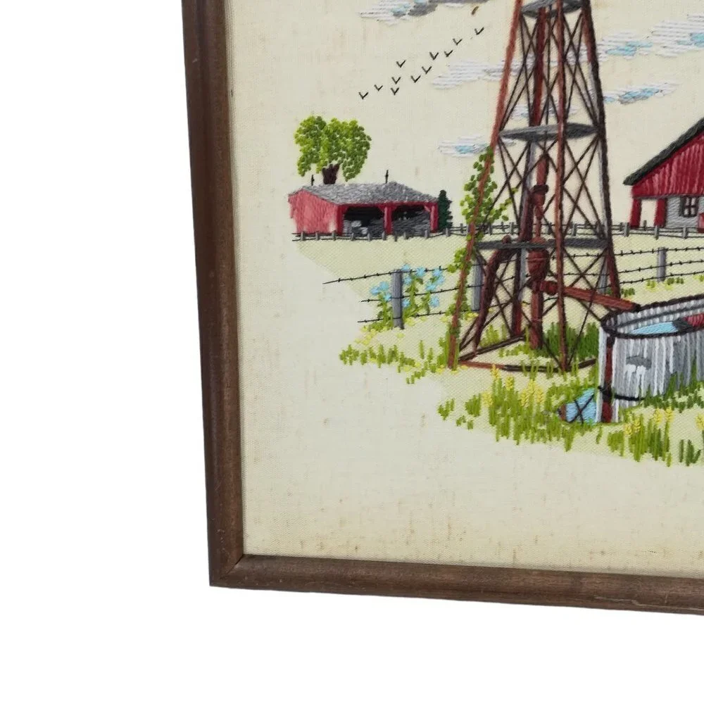 Vintage Completed Crewel Embroidery Picture Windmill Barn National Paragon 1980